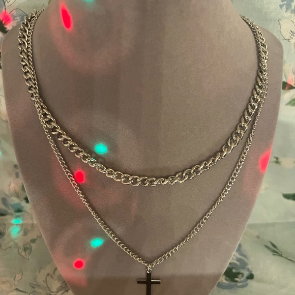 Stainless Steel Necklaces Cuban Link Chain Silver Layered Cross Pendant - Picture 5 of 6